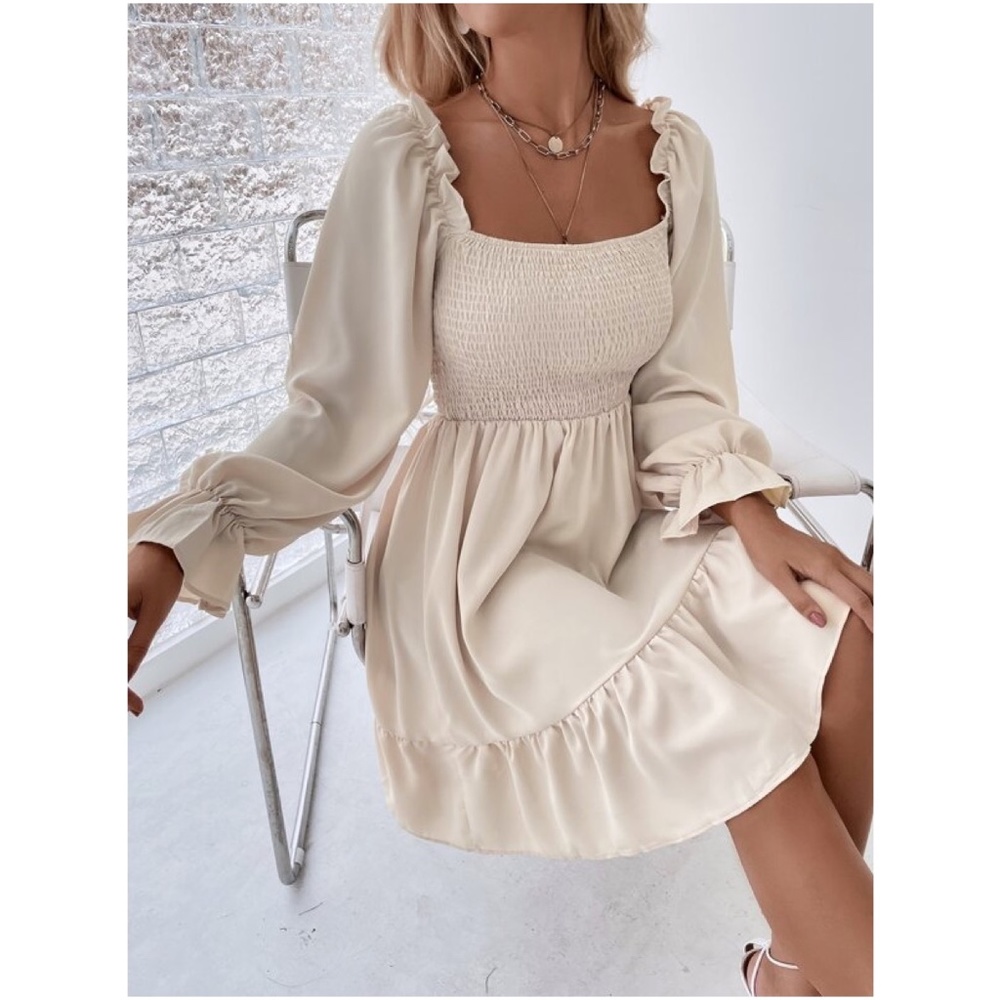 Boho Cream Flounce Ruffle Sleeve Mini Dress Minimalist - Picture 7 of 11